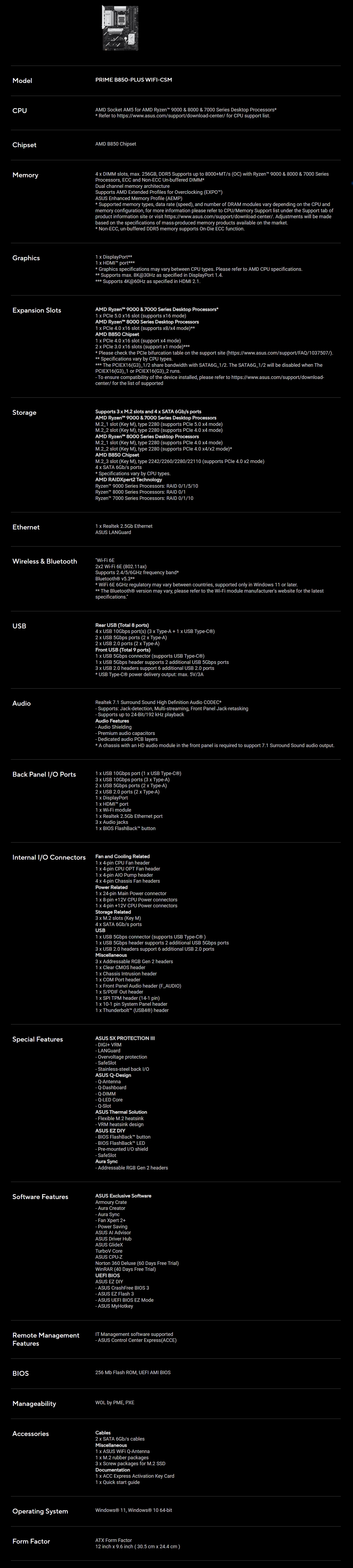 ASUS PRIME B850-PLUS WIFI-CSM AM5 ATX Motherboard