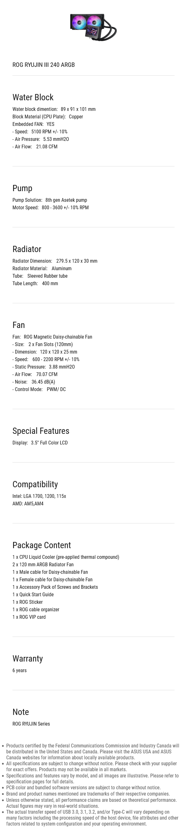 ASUS ROG RYUJIN III 240mm ARGB AIO Liquid CPU Cooler