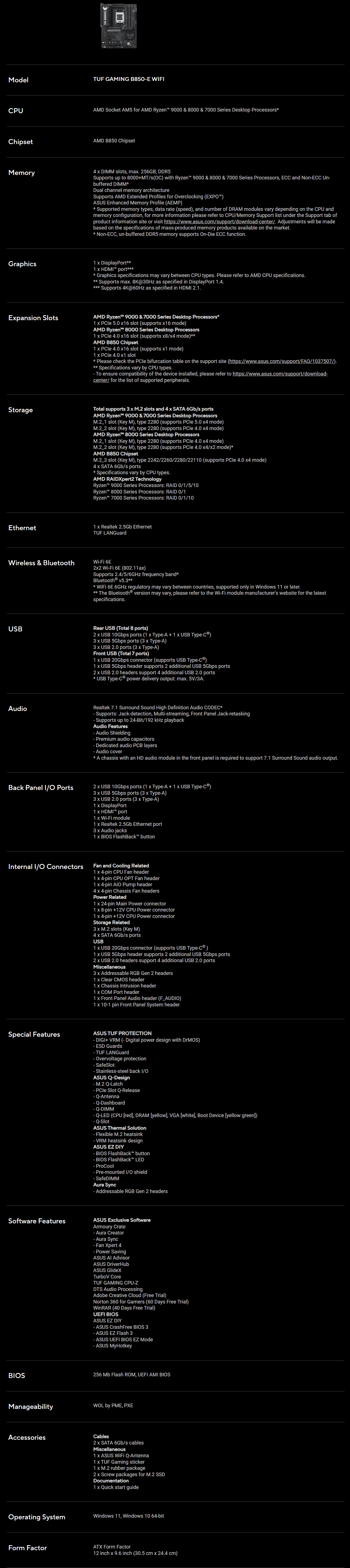 ASUS TUF GAMING B850-E WIFI AM5 ATX Motherboard