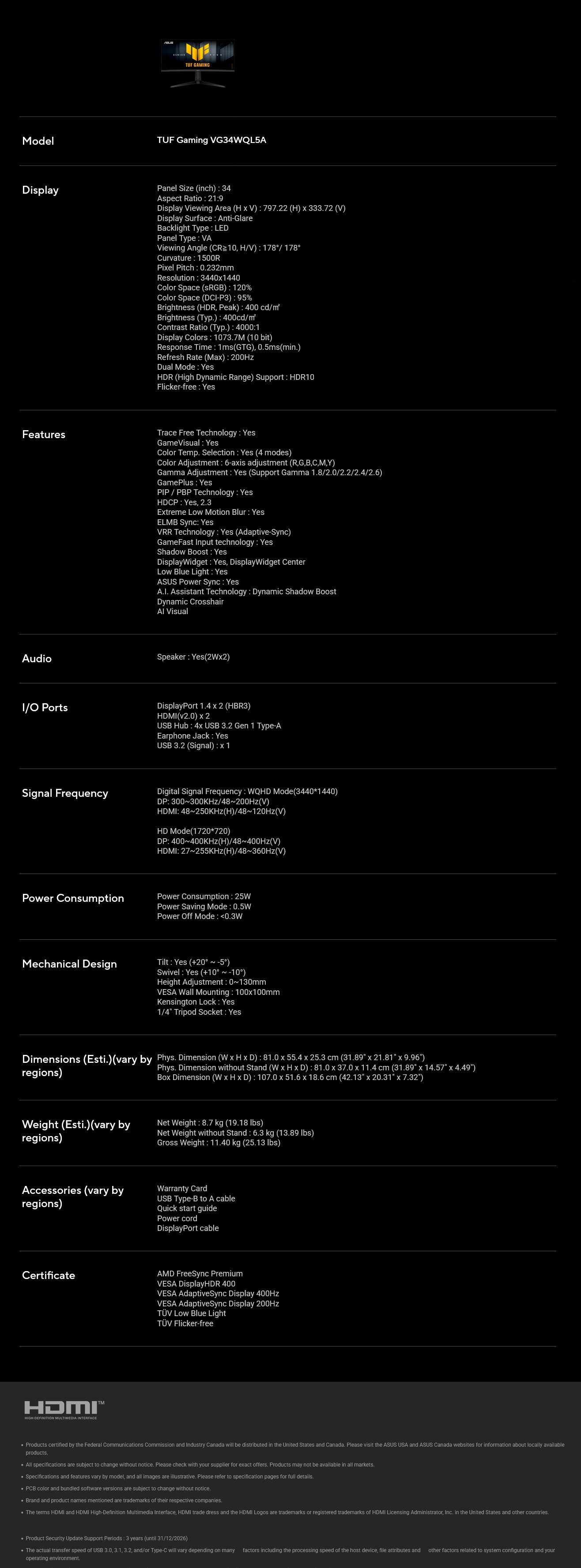 ASUS TUF Gaming Series 5 VG34WQL5A 34