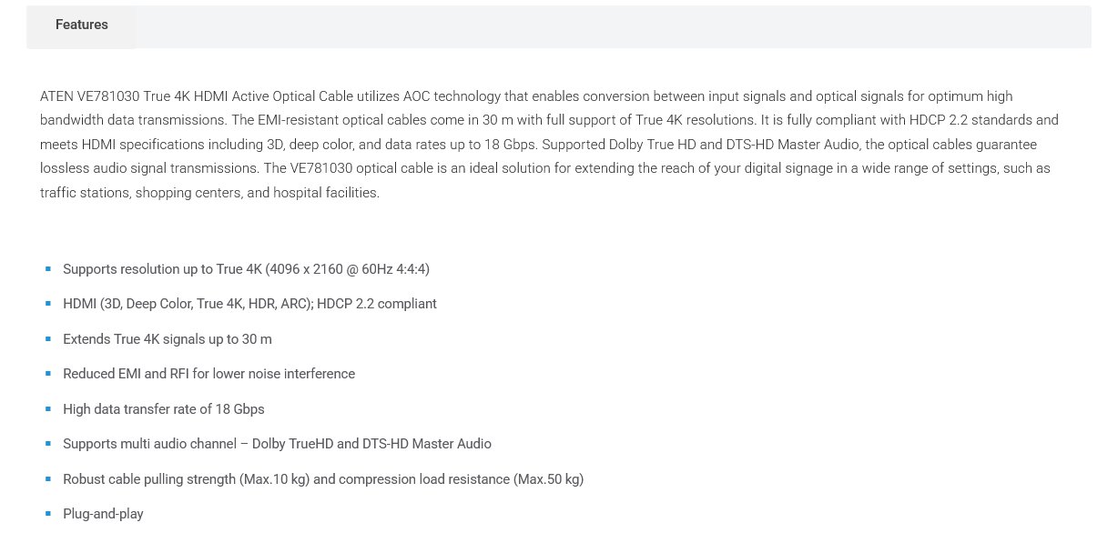 ATEN 30m True 4K HDMI 2.0 Active Optical Cable