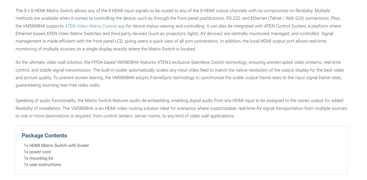ATEN 8 x 8 HDMI Matrix Switch with Scaler/Seamless Switching/Framesync & Intuitive Web