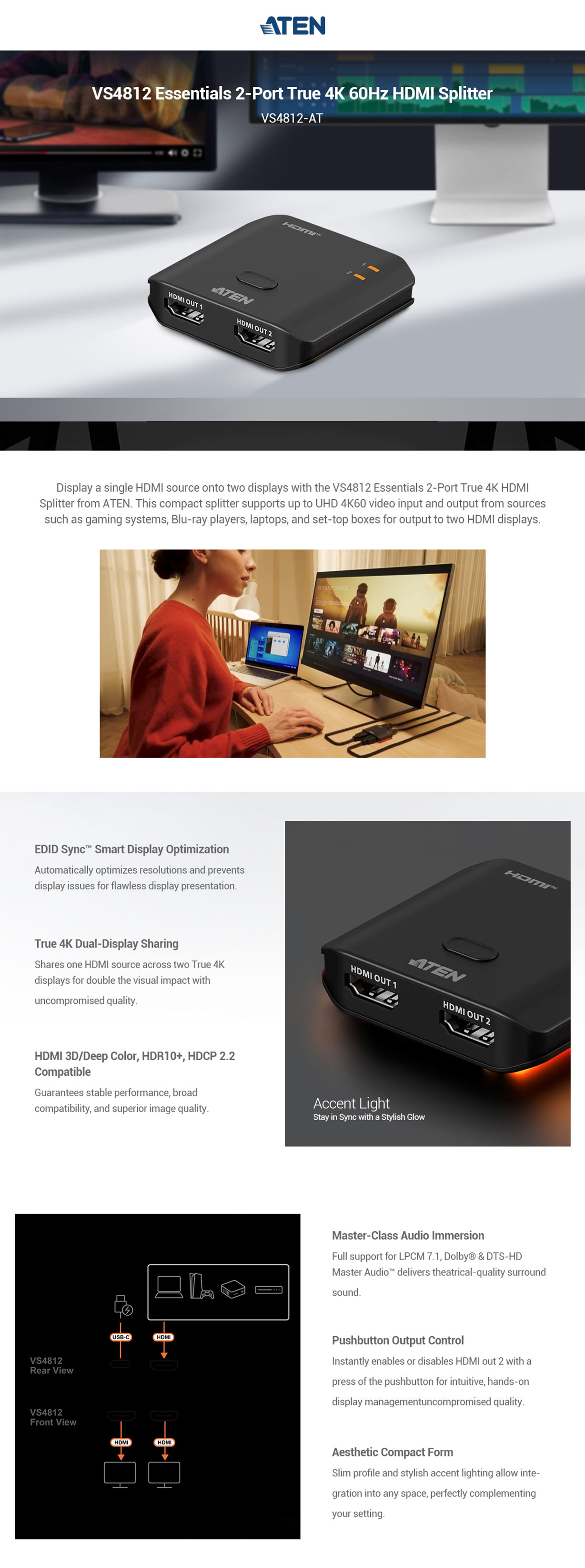 ATEN Essential 2 Port True 4K HDMI Splitter