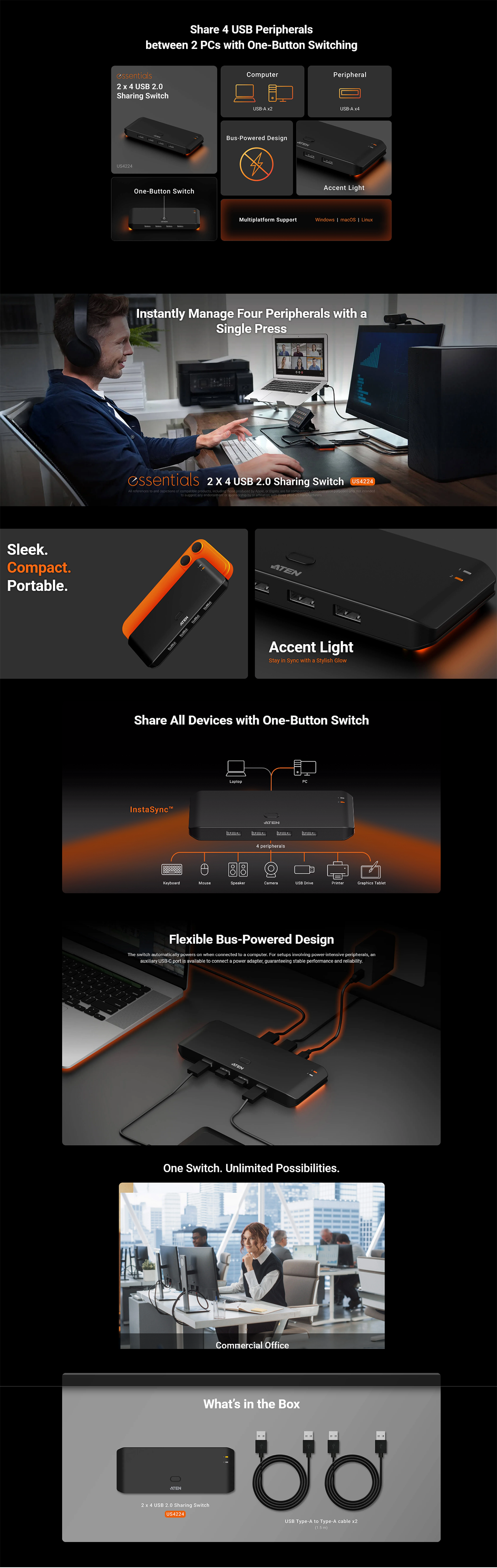 ATEN Essential 2x4 USB 2.0 Peripheral Sharing Switch