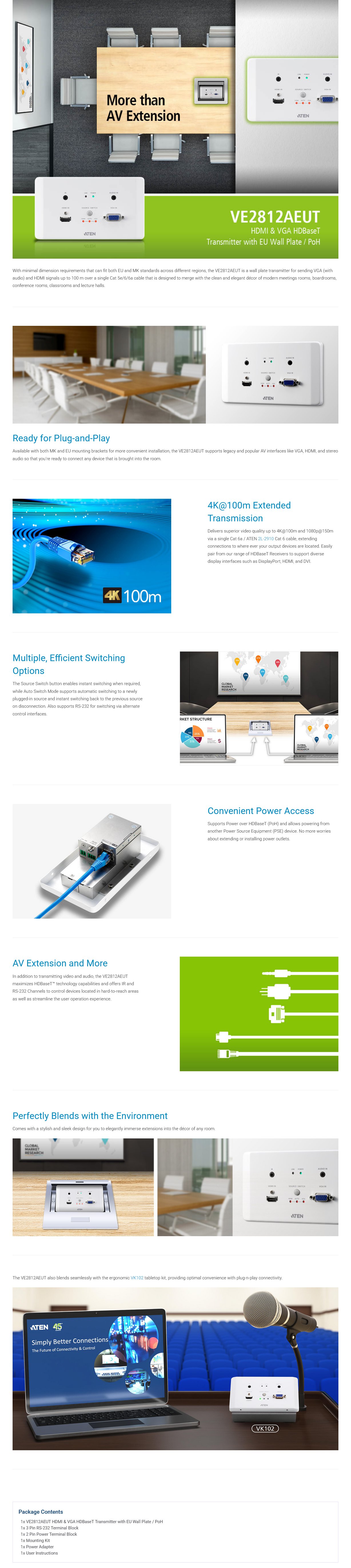 ATEN HDMI & VGA HDBaseT Transmitter with EU Wall Plate/PoH