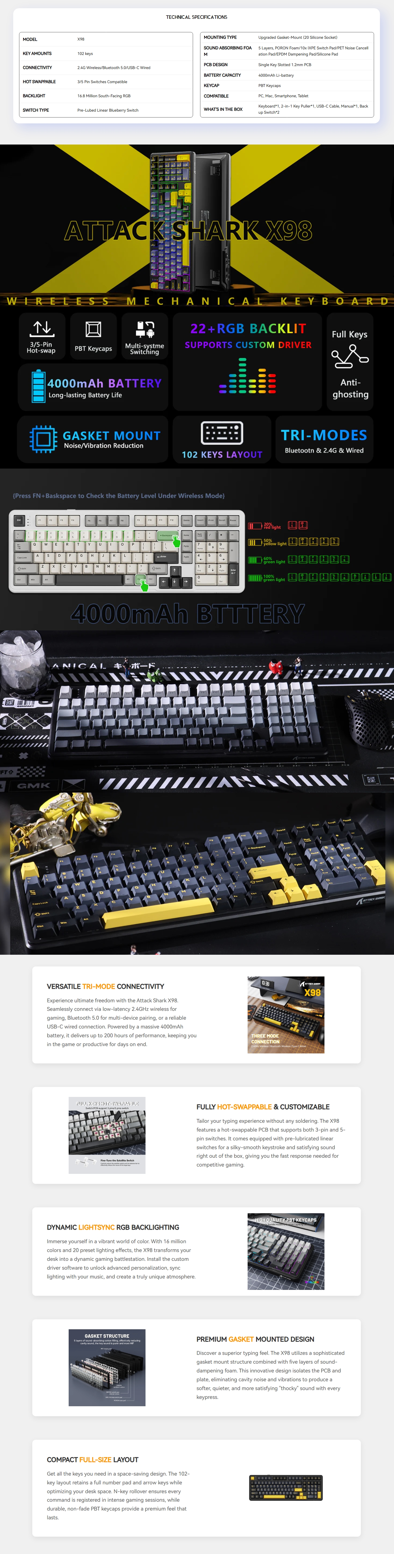 Attack Shark X98 Full-size Wireless Mechanical Keyboard - Star White