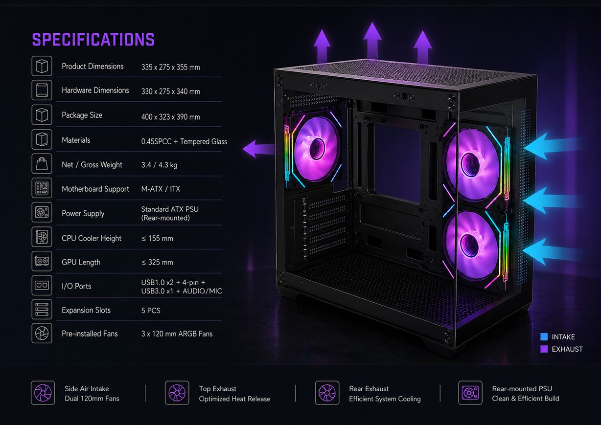 Aurion Panoramic View Tempered Glass ARGB m-ATX Case