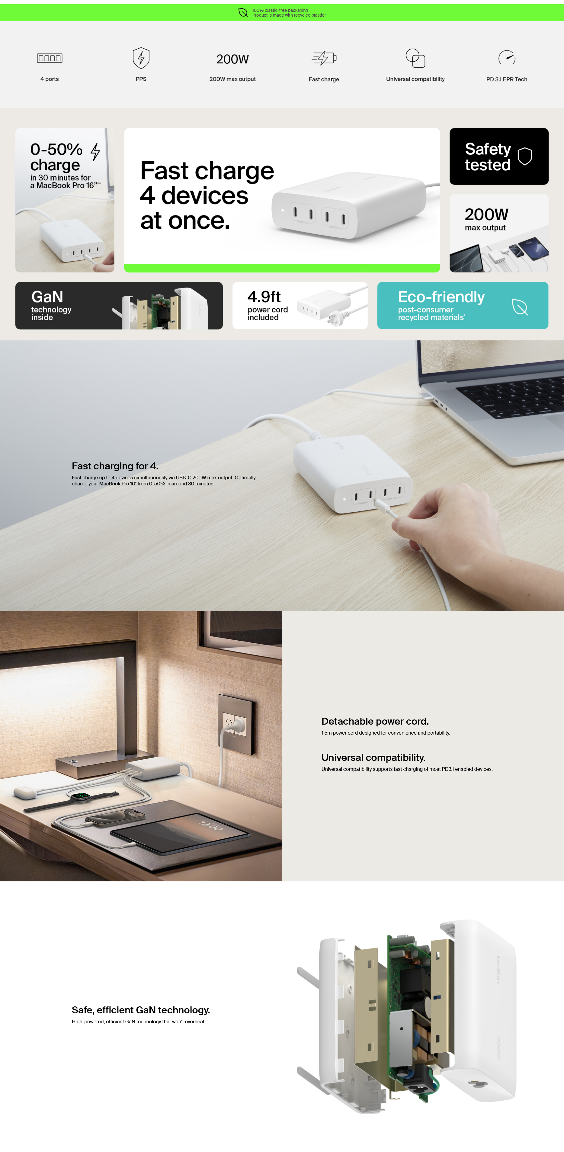 Belkin BoostCharge Pro 200W 4-Port USB-C GaN Charger