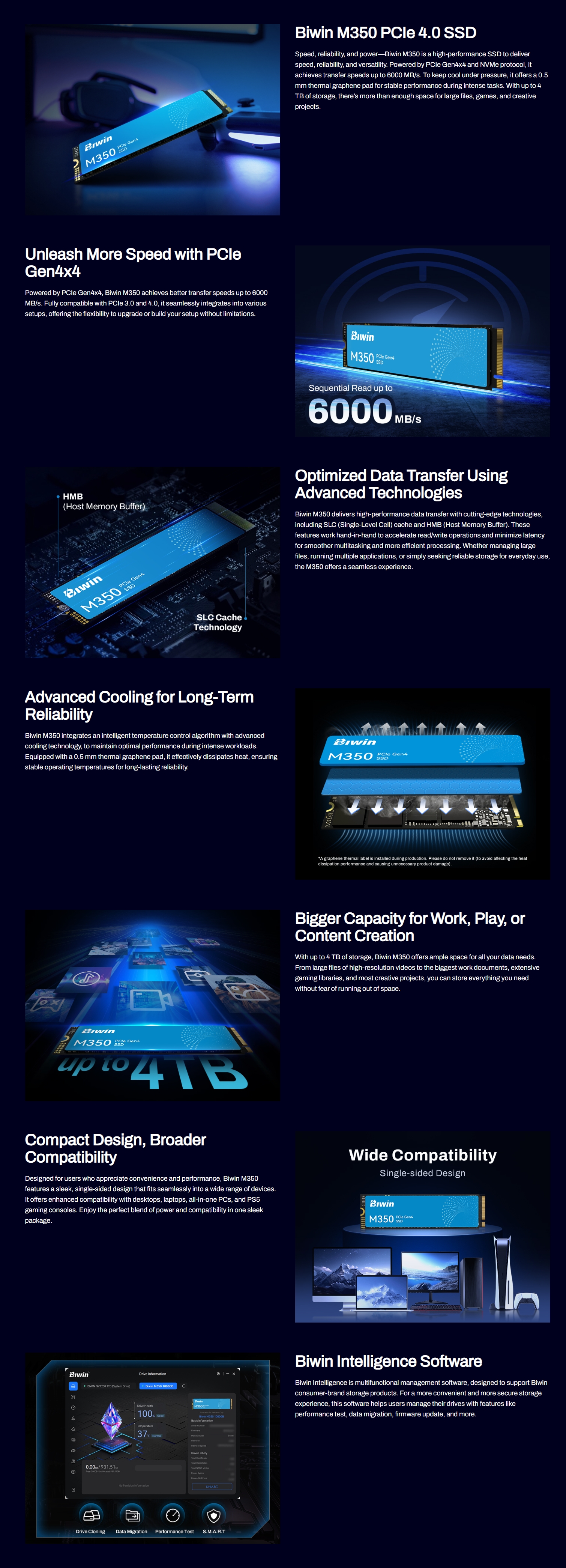Biwin M350 1TB PCIe 4.0 NVMe M.2 SSD - Read/Write Speeds Up to