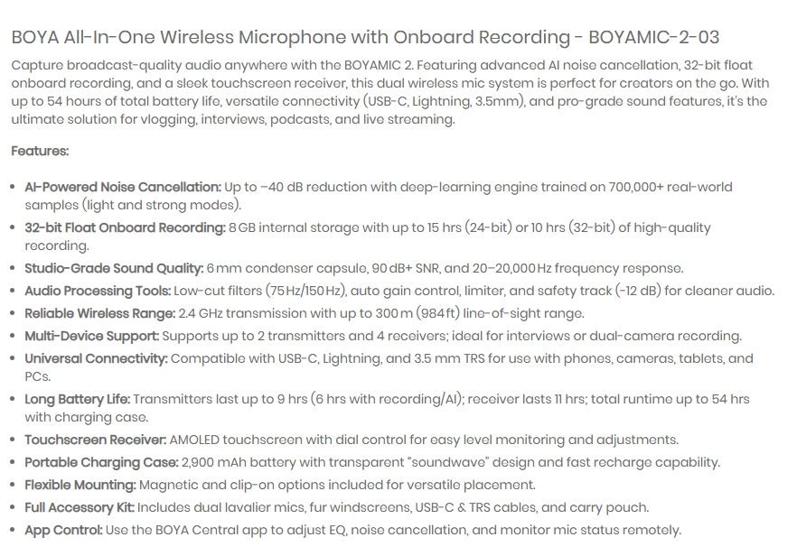 Boya BOYAMIC 2 AI-Powered Mini Wireless Microphone