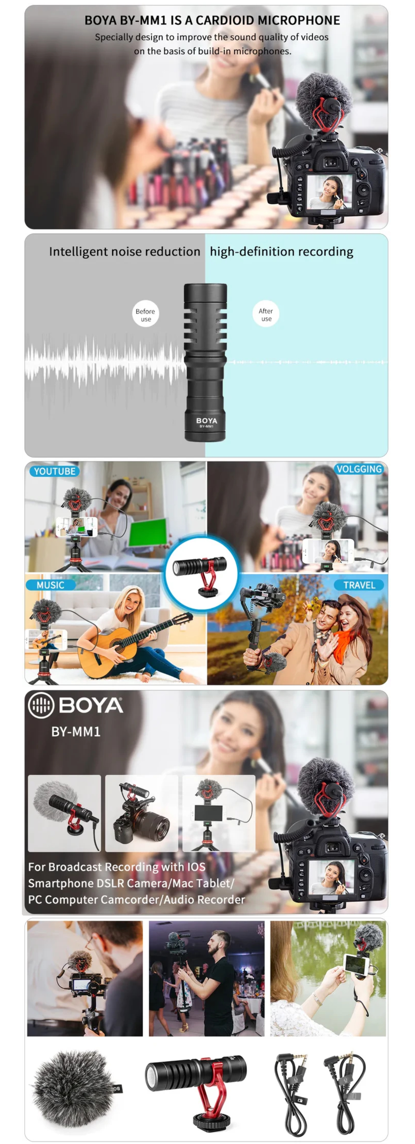 Boya BY-MM1 Cardioid Shotgun Lavalier Microphone For Camera Smartphone