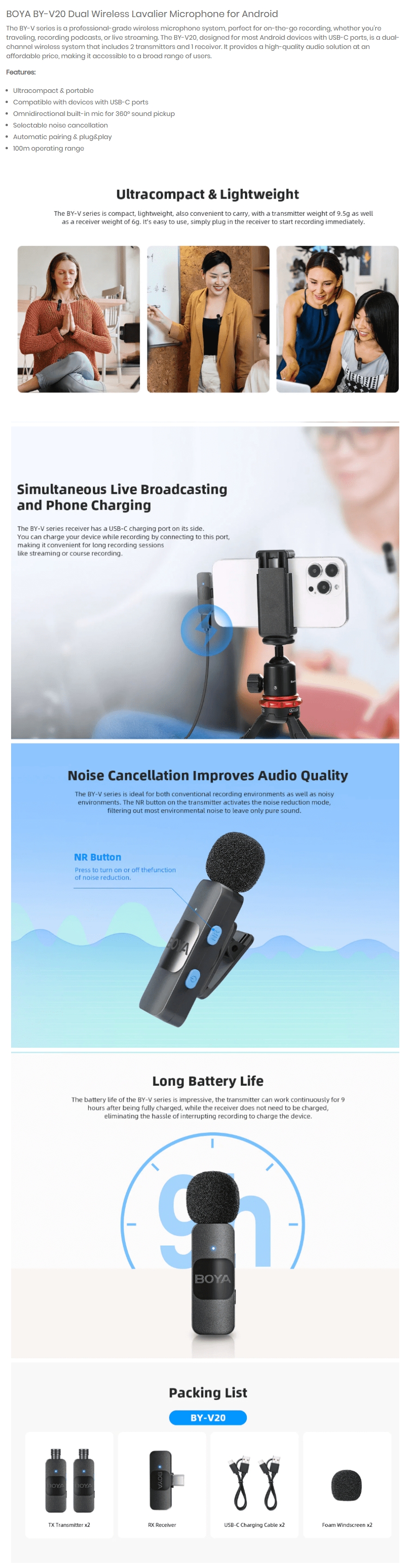 Boya BY-V20 Wireless Lavalier Lapel Microphone Type-C