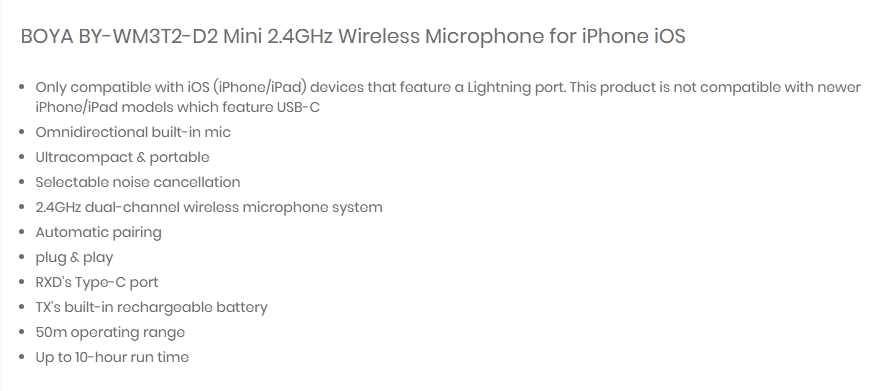 Boya BY-WM3T2-D2 Mini 2.4GHz Wireless Microphone for iOS