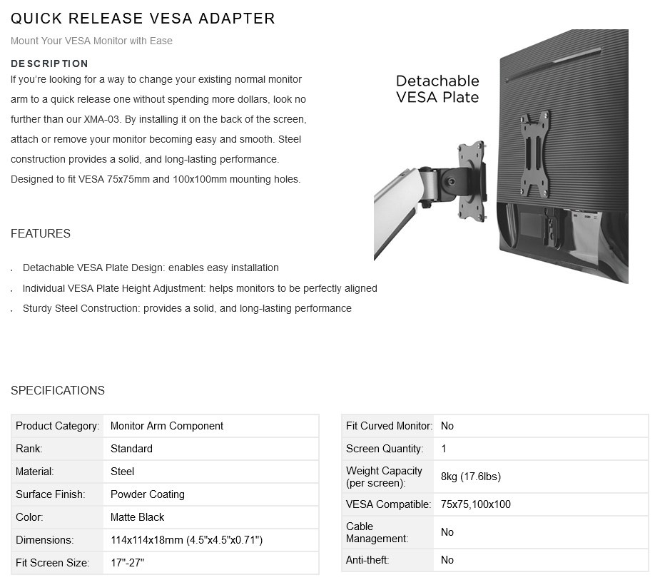 Brateck Quick Release VESA Adapter Monitor Mount 17