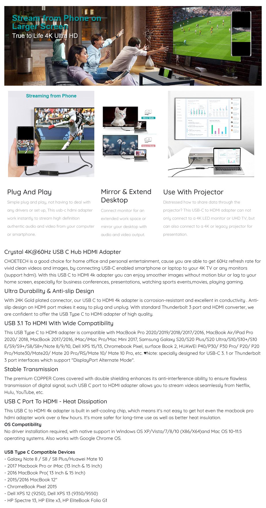 Choetech HUB-H04BK 4K USB-C to HDMI Adapter Hub - Desktop Overview 1