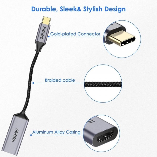 CHOETECH HUB-H21 USB-C to HDMI 4k@60Hz Braided Video Cable Cord Adapter