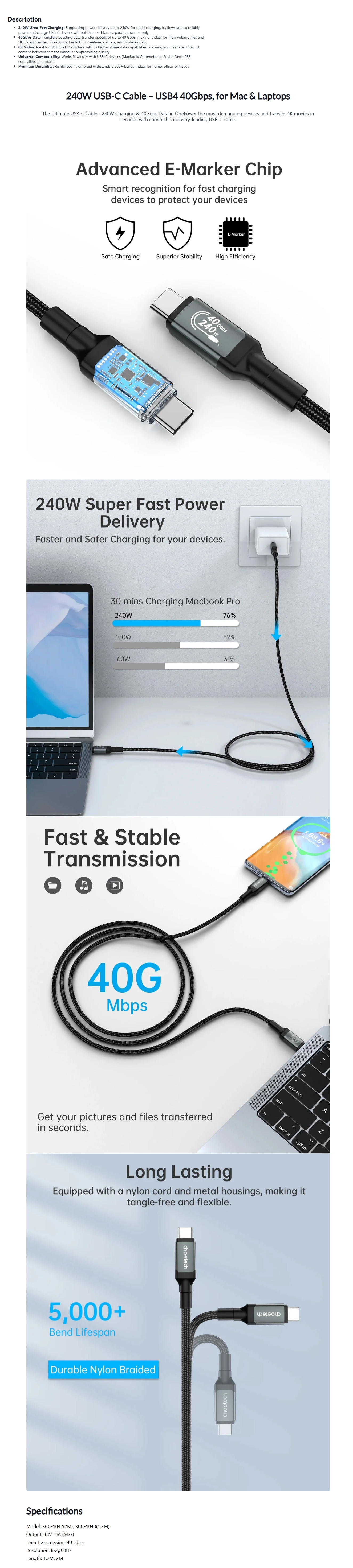 Choetech HyperLink 1.2m 240W USB-C to USB-C Nylon Cable - Black