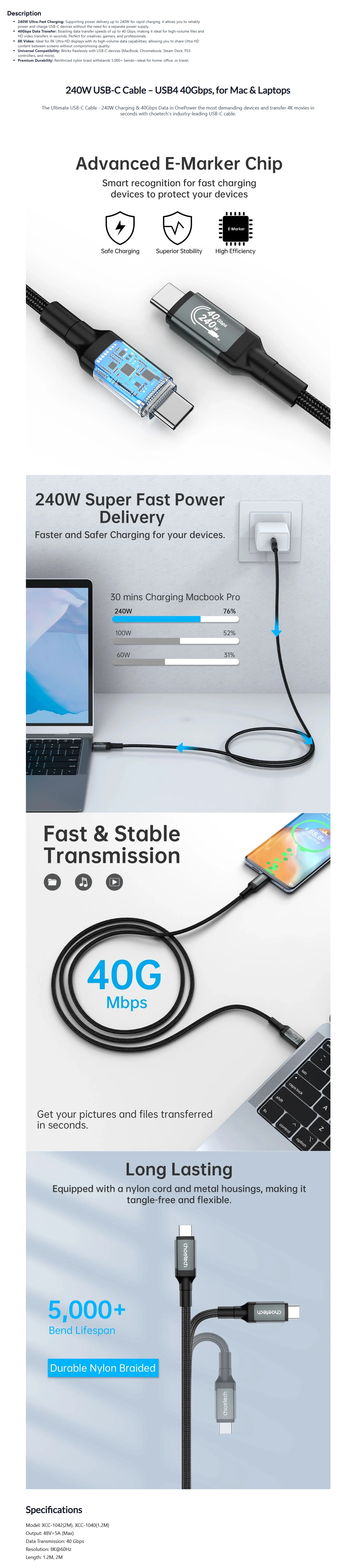 Choetech HyperLink 2m 240W USB-C to USB-C Nylon Cable - Black