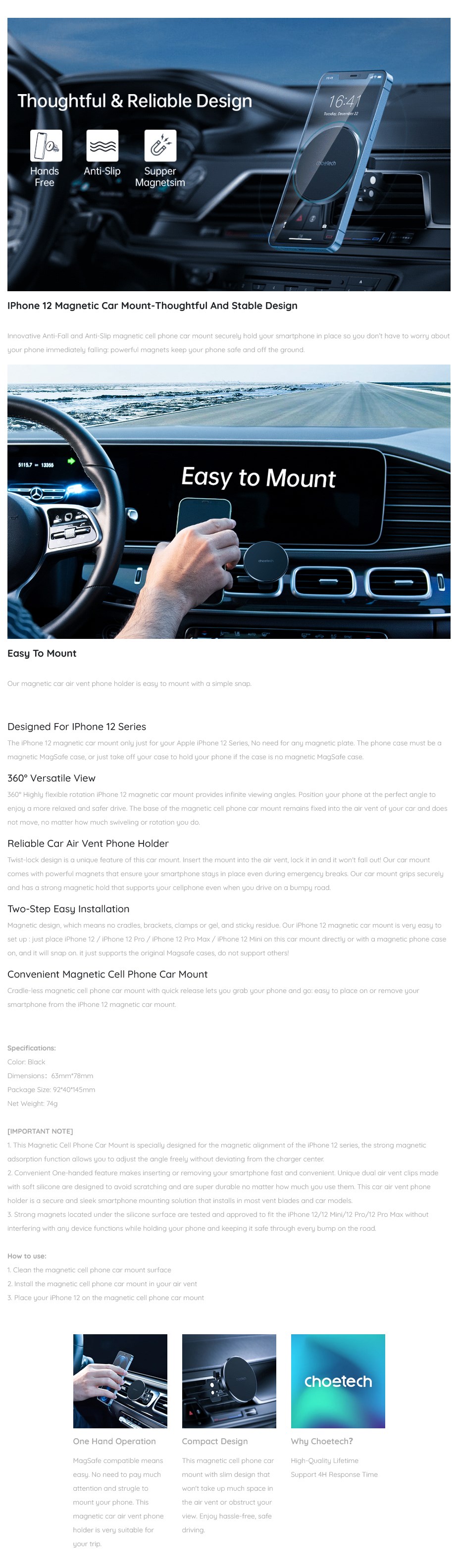 Choetech Magsafe iPhone 12 Magnetic Air Vent Car Mount Phone Holder - Desktop Overview 1