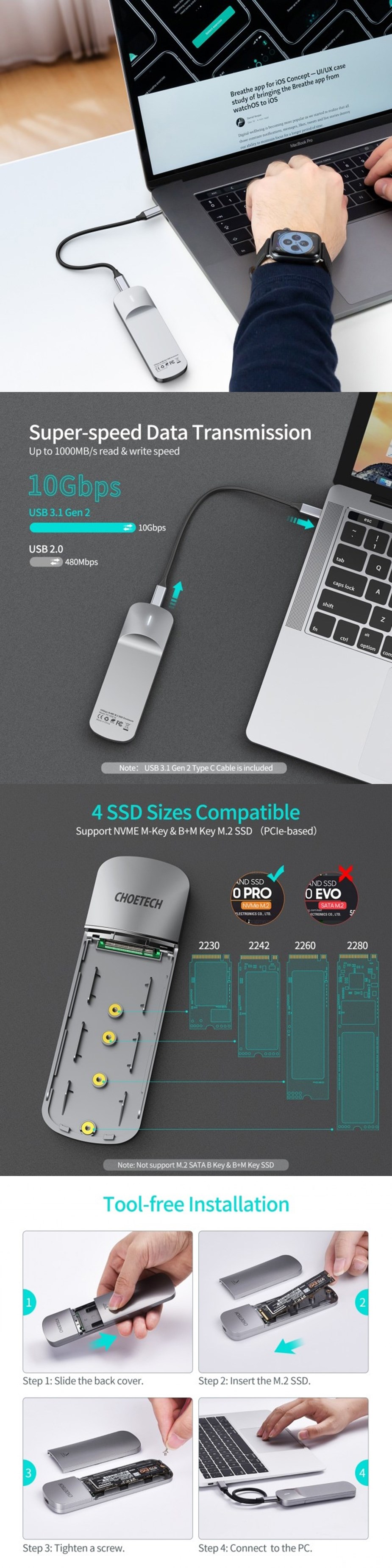 Choetech PC-HDE16 USB-C to M.2 B-Key Hard Drive Enclosure - Desktop Overview 1