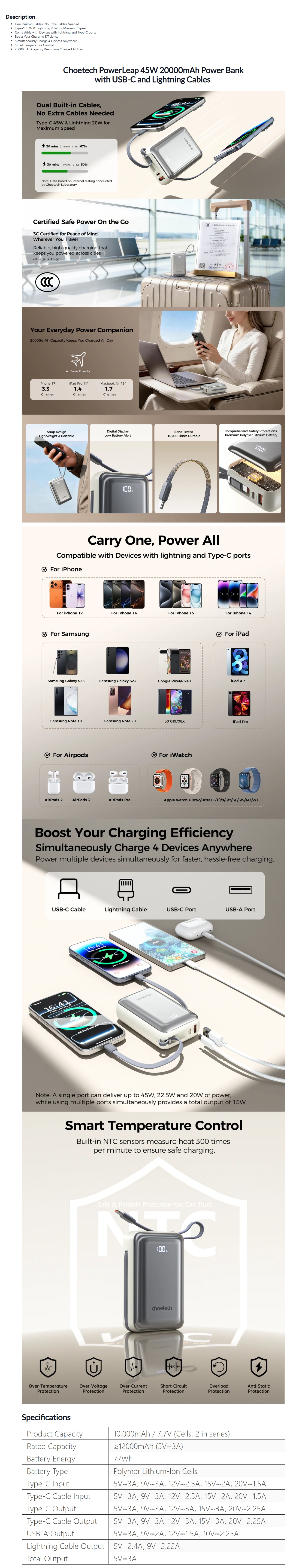 Choetech PowerLeap 20000mAh 45W Power Bank with USB-C & Lightning Cables - Silver Black