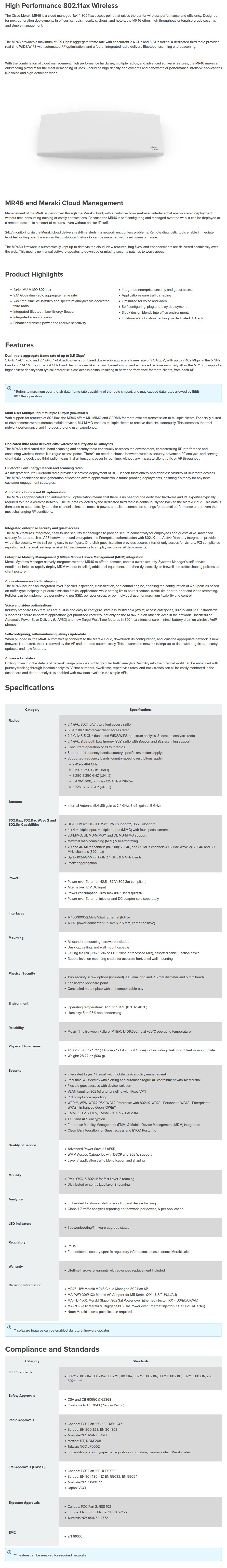 Cisco Meraki MR46-HW Cloud Managed WiFi 6 Indoor Access Point - Desktop Overview 1