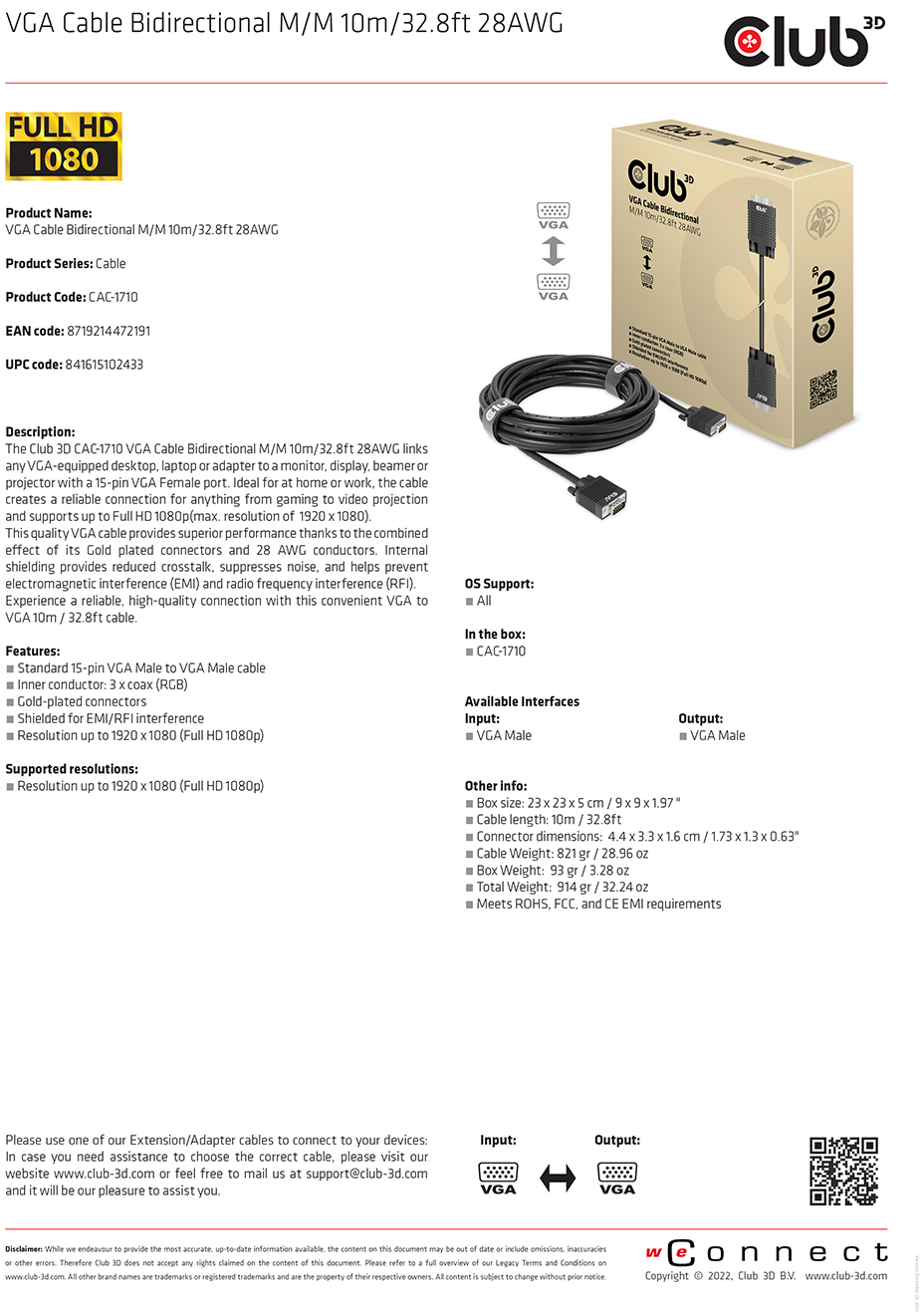 Club 3D 10m Bidirectional VGA Cable CAC1710 Mwave