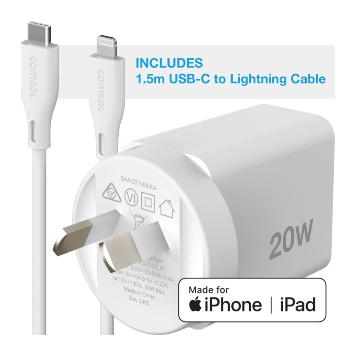 Comsol 20W USB-C Wall Charger USB-C to Lightning Cable
