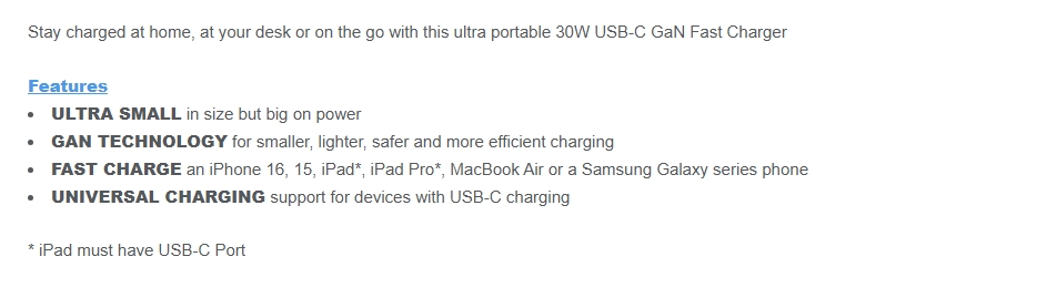 Comsol 30W GaN USB-C Wall Charger - White
