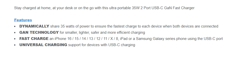 Comsol 35W GaN Dual USB-C Wall Charger