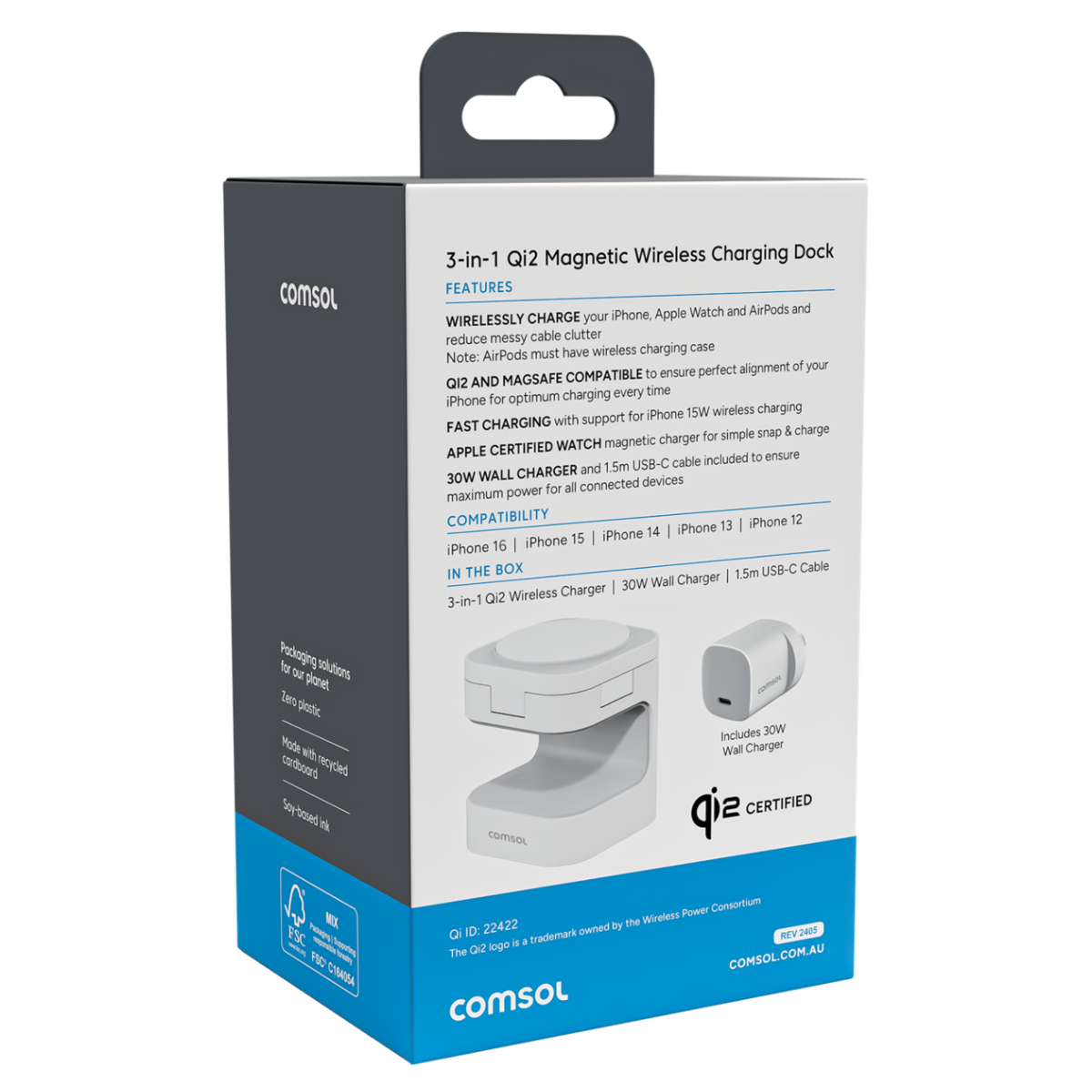 Comsol 3-in-1 Qi2 Magnetic Charging Stand with 30W AC Adapter