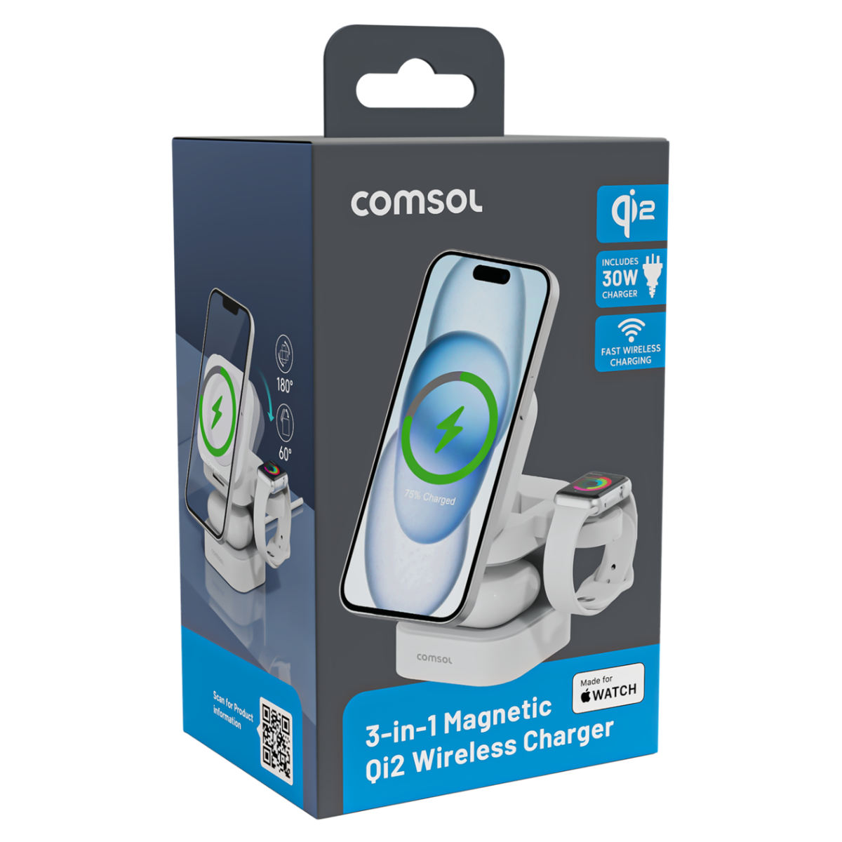 Comsol 3-in-1 Qi2 Magnetic Charging Stand with 30W AC Adapter