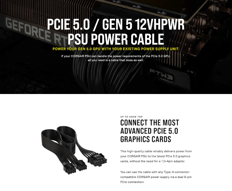 Corsair 600W PCIe 5.0 12VHPWR Type-4 PSU Power Cable - CP-8920284 | Mwave