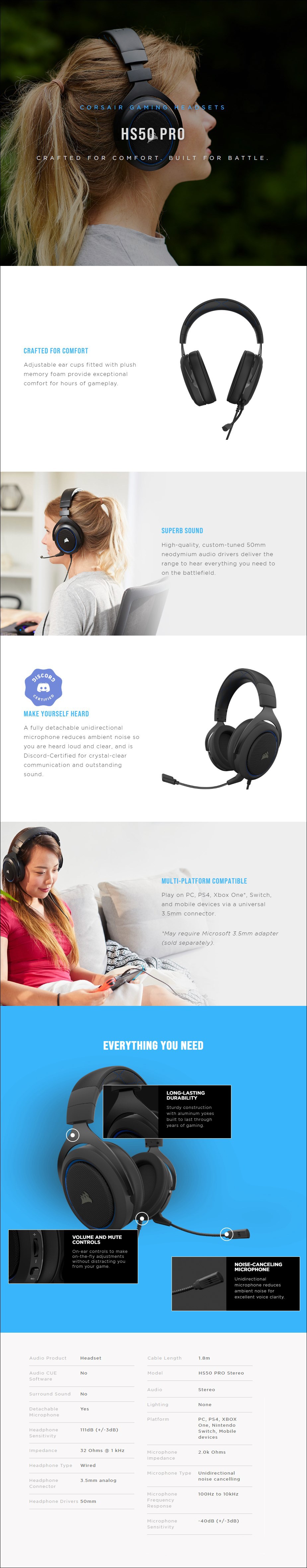 Corsair HS50 Pro Stereo Gaming Headset - Blue - CA-9011217-AP | AusPCMarket