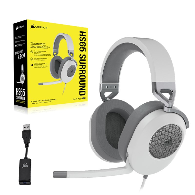 Corsair HS65 Virtual 7.1 Surround Wired Gaming Headset - White - CA ...