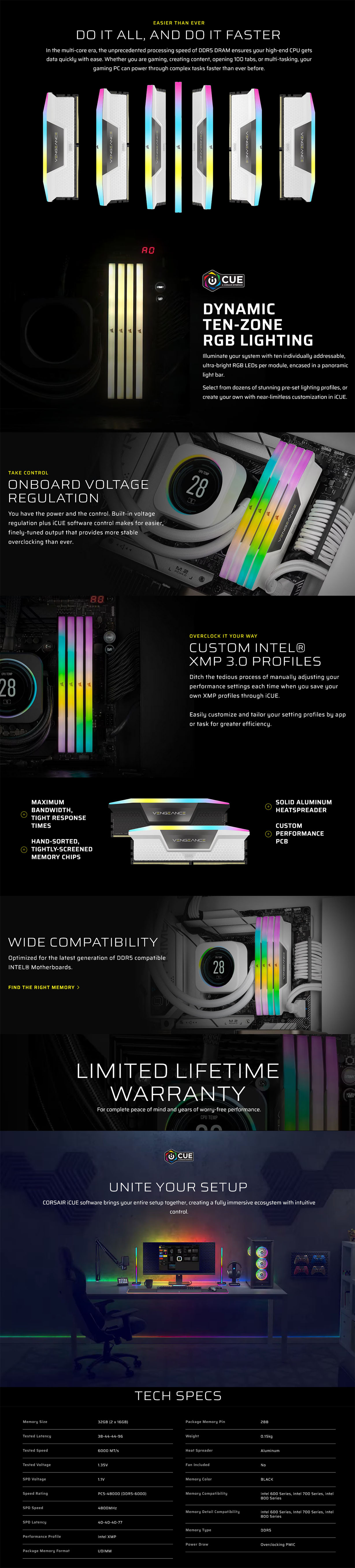 Corsair Vengeance RGB 32GB (2x16GB) DDR5 6000MHz CL38 Desktop Memory - Black