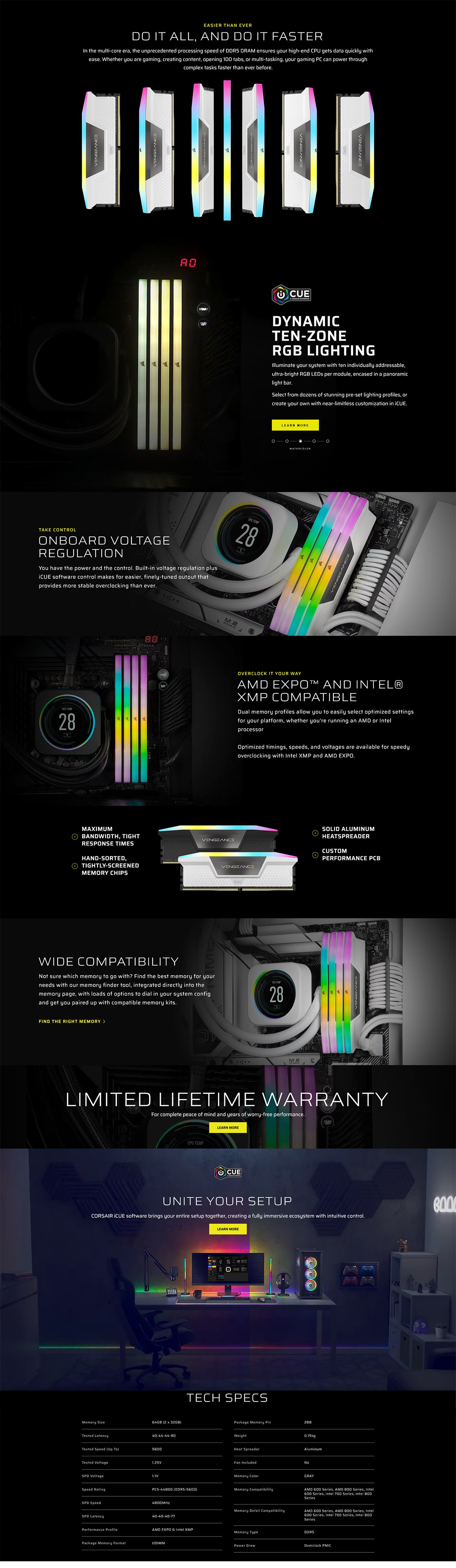 Corsair Vengeance RGB 64GB (2x32GB) DDR5 5600MHz AMD EXPO & Intel XMP CL40 Desktop Memory - Grey