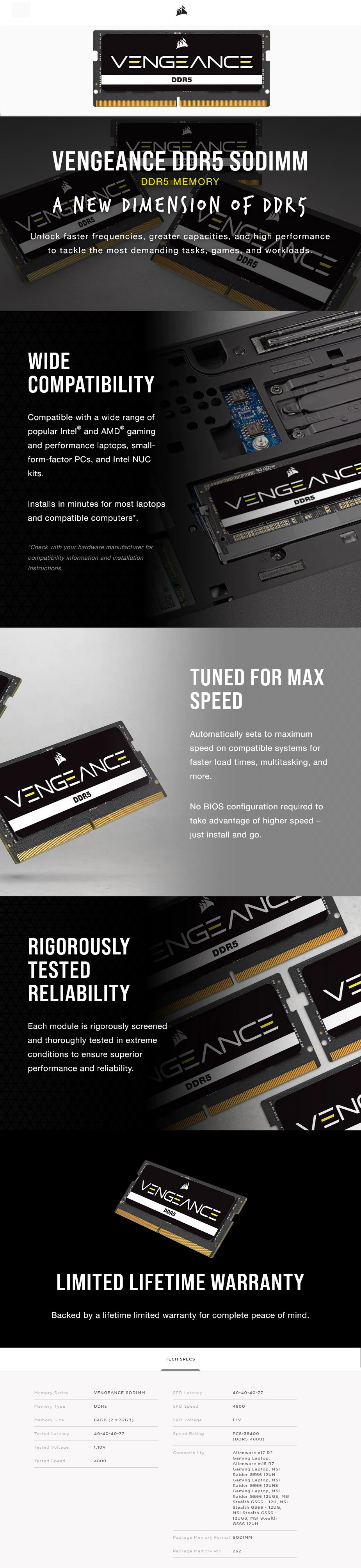 Corsair Vengeance SODIMM 64GB (2x32GB) DDR5 4800MHz Memory - Black - Overview 1