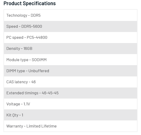 Crucial 16GB (1x 16GB) DDR5 5200MHz SODIMM Laptop Memory