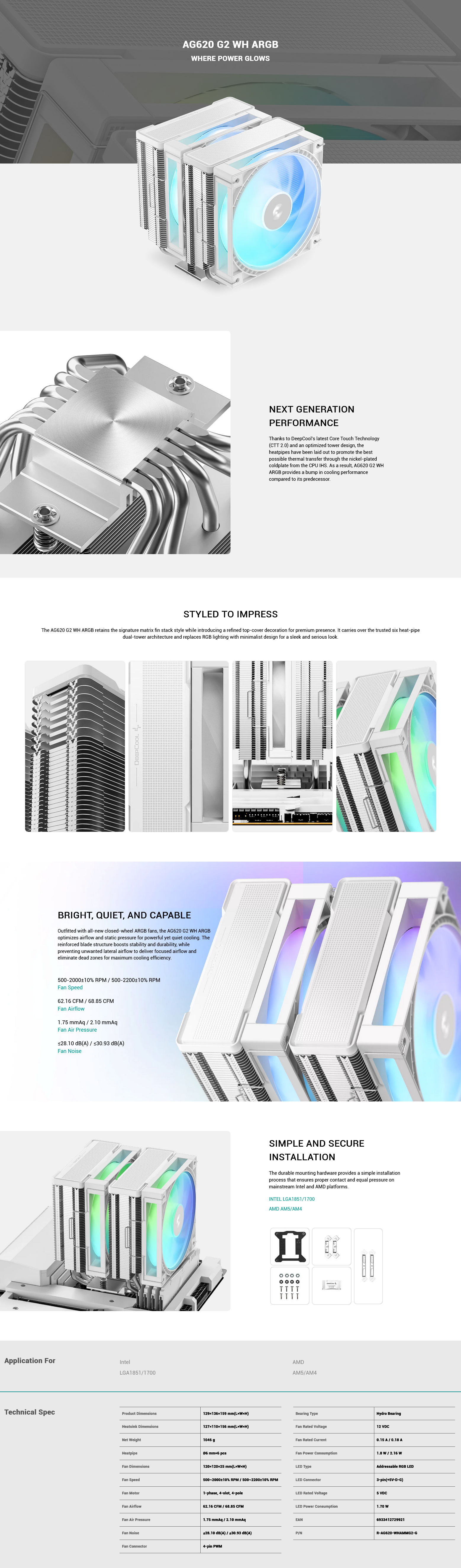 DeepCool AG620 G2 ARGB Dual-Tower CPU Cooler - White
