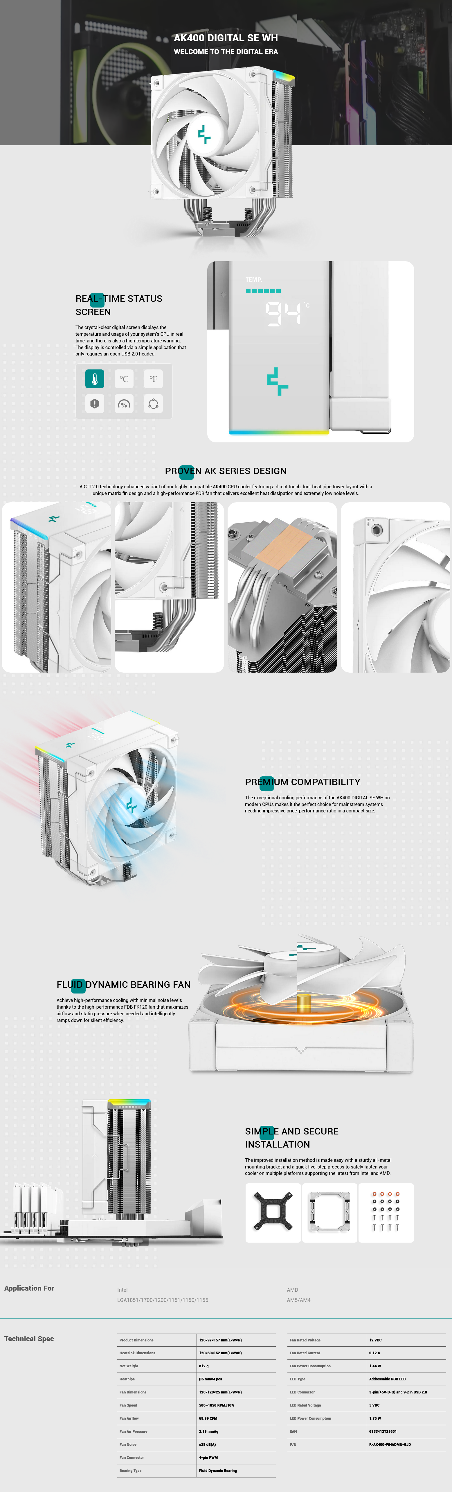 DeepCool AK400 DIGITAL SE CPU Air Cooler - White