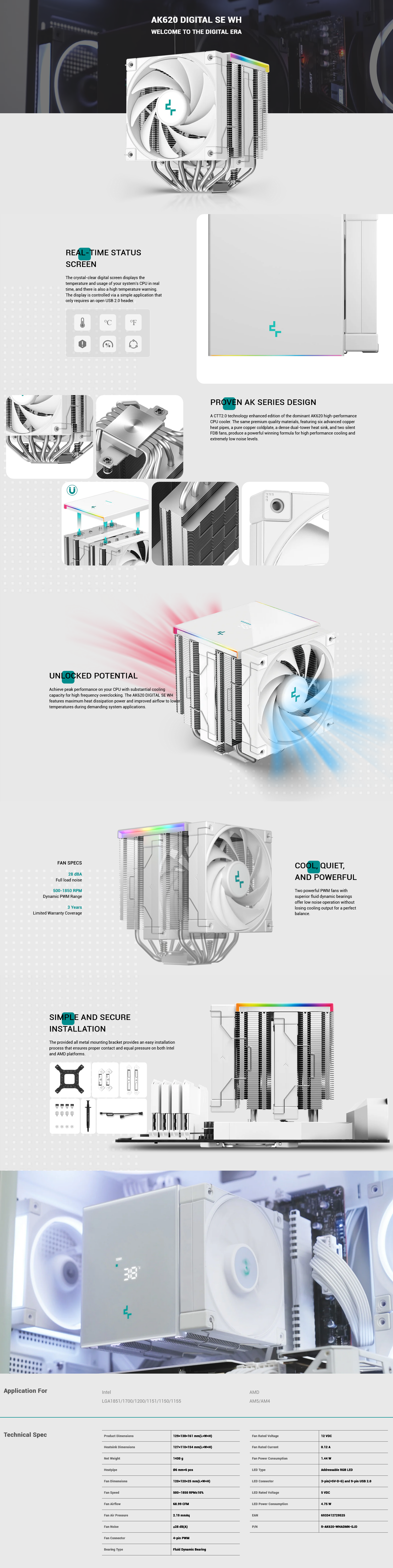 DeepCool AK620 DIGITAL SE CPU Air Cooler - White