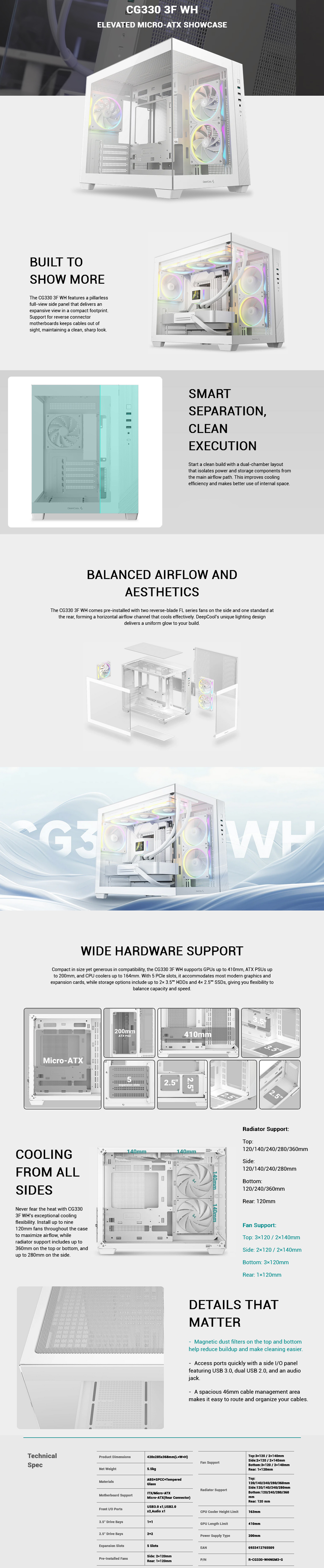 DeepCool CG330 3F WH Micro-ATX Compact PC Case - White