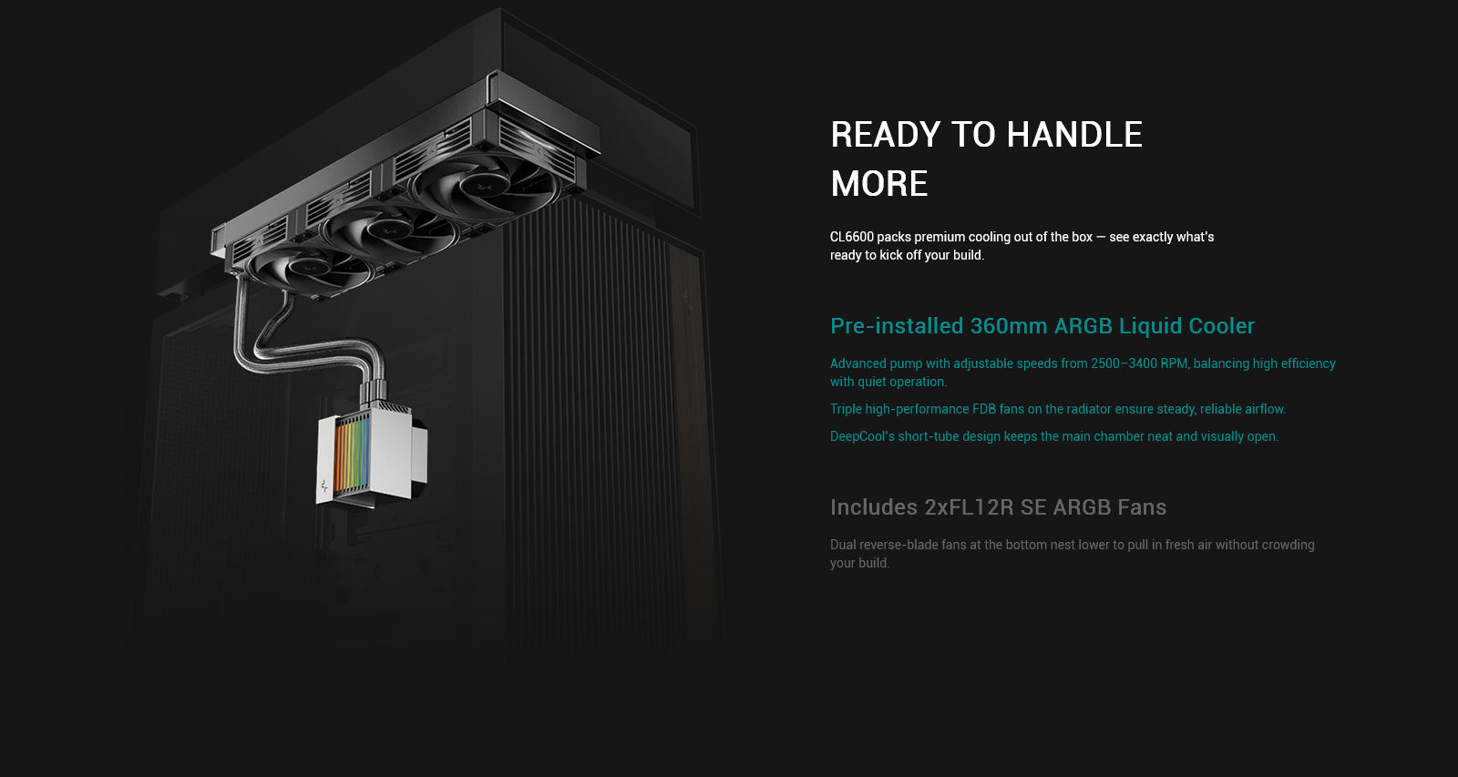 DeepCool CL6600 ATX Case with Inbuilt AIO ARGB Liquid Cooler - Black