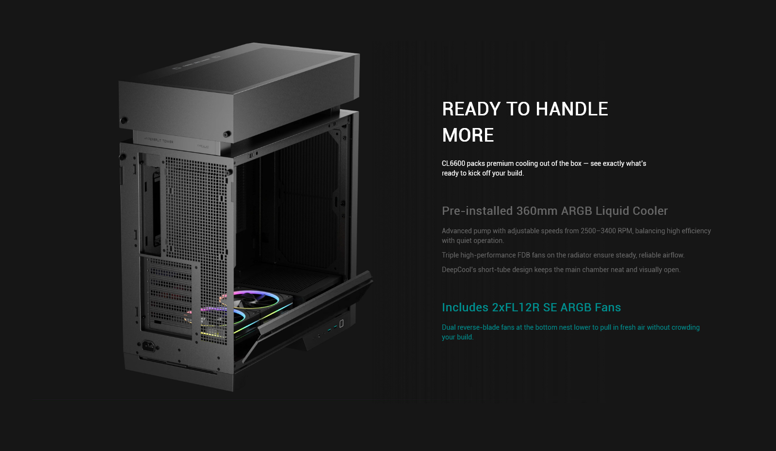 DeepCool CL6600 ATX Case with Inbuilt AIO ARGB Liquid Cooler - Black