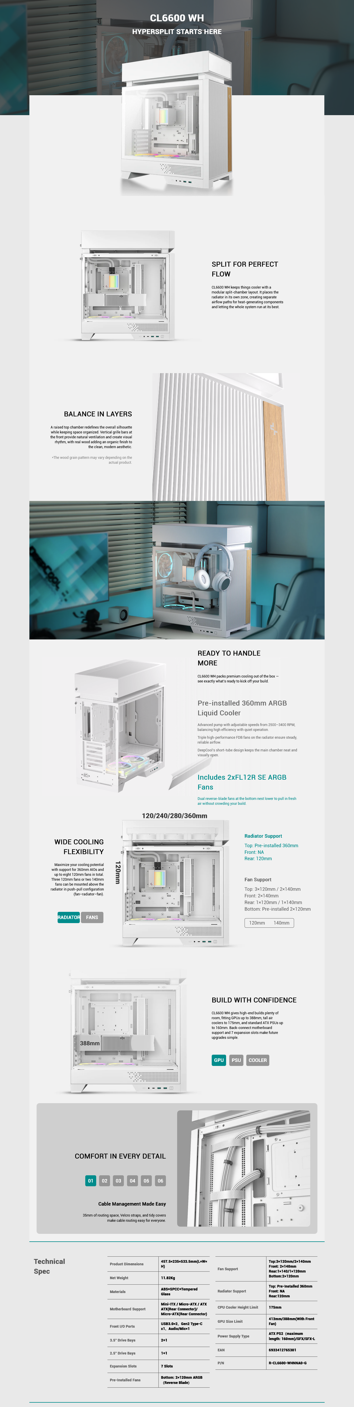 DeepCool CL6600 ATX Case with Inbuilt AIO ARGB Liquid Cooler - White