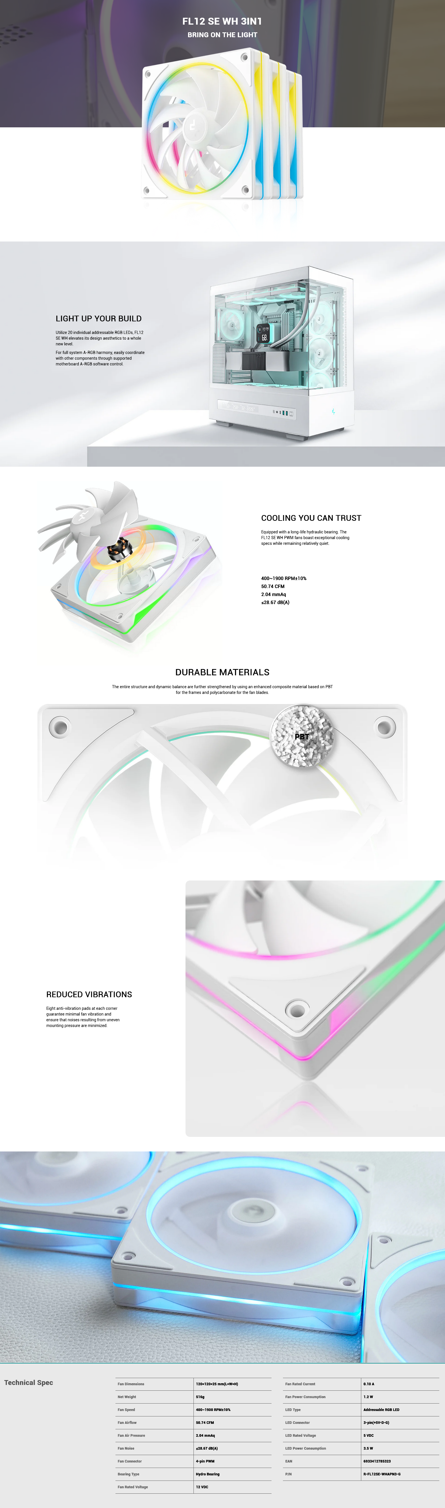 DeepCool FL12 SE ARGB 120mm White Fan - 3 Pack