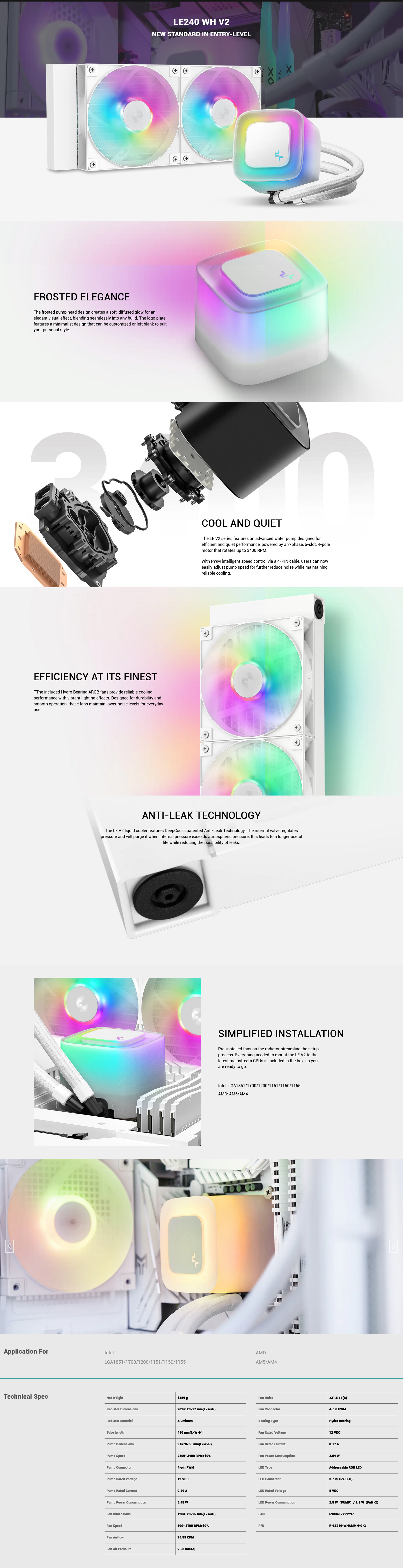 DeepCool LE240 V2 240mm ARGB AIO Liquid CPU Cooler - White