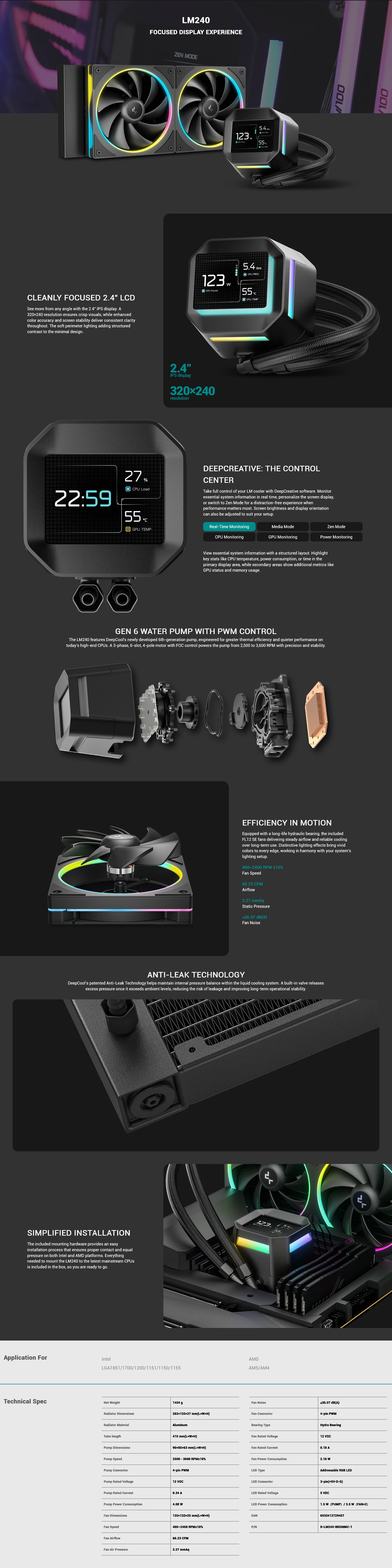 DeepCool LM240 LCD Display 240mm ARGB AIO Liquid CPU Cooler