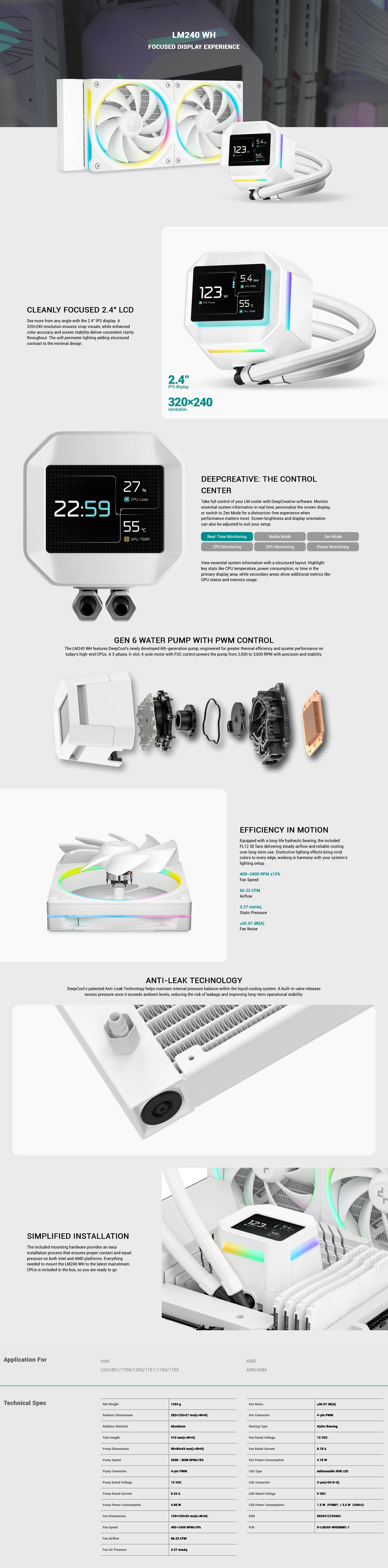 DeepCool LM240 LCD Display 240mm ARGB AIO Liquid CPU Cooler - White